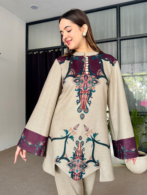 Beige Wine Cutwork Woollen Kurta Set